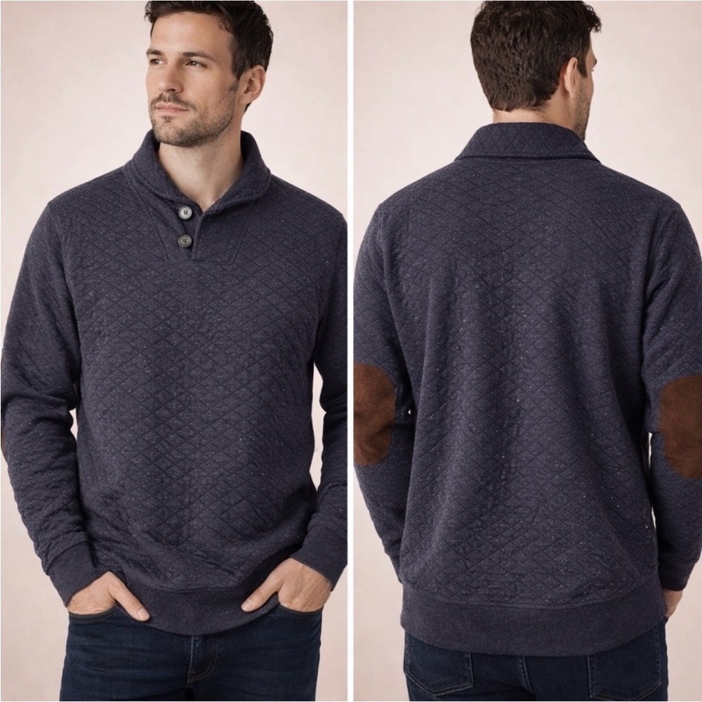 Billy Reid Diamond Quilt Shawl Pullover Men L Dark Navy Elbow Patches
